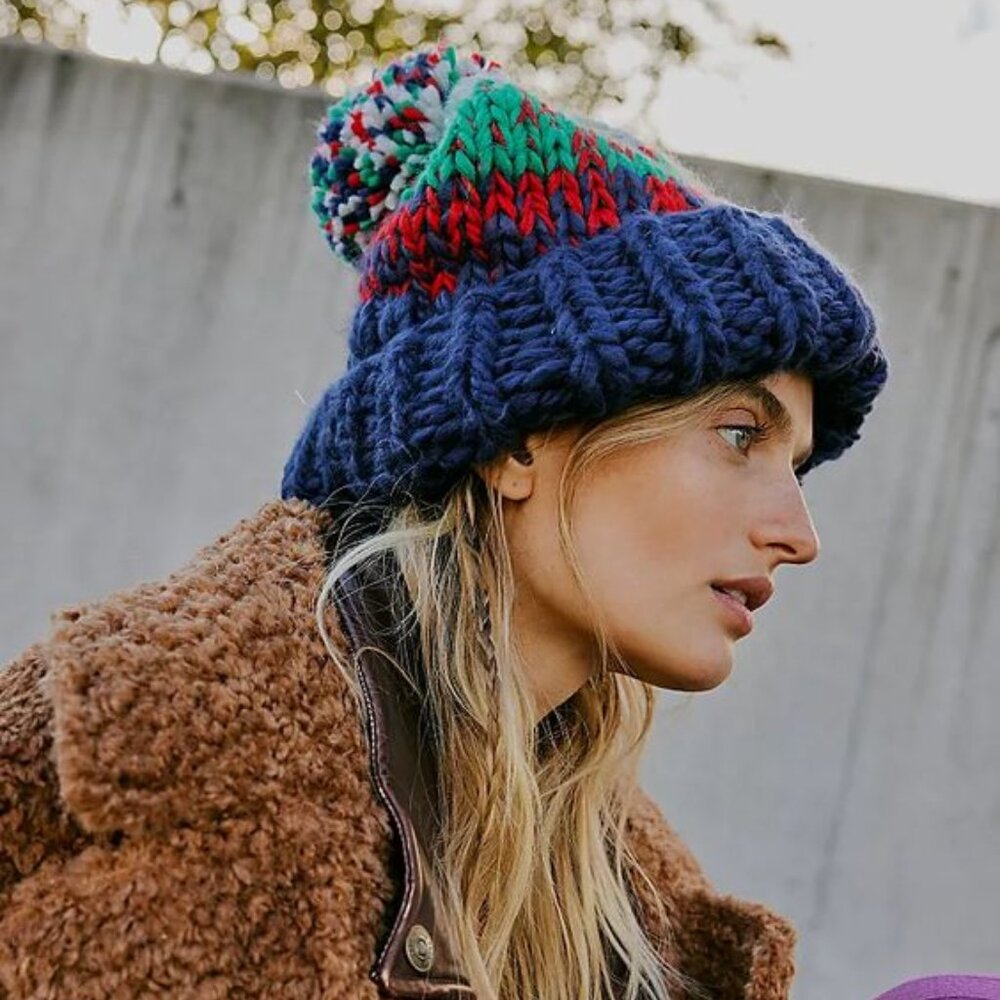 NWT Free People Women's Tide Stripe Knit Pom Beanie Hat in Navy Green White Red